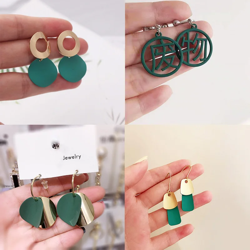 Green Color Pendants Dangle Earrings for Women Painting Plants Drop Earrings Gold Color Top Female Earrings pendientes femme