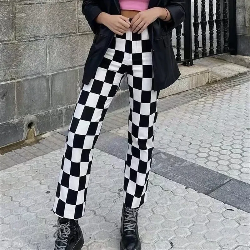 Merodi-Women\'s Plaid Print Long Straight Pants, Casual High Waist Trousers, Chic Lady, Elegant, White and Black,  Autumn