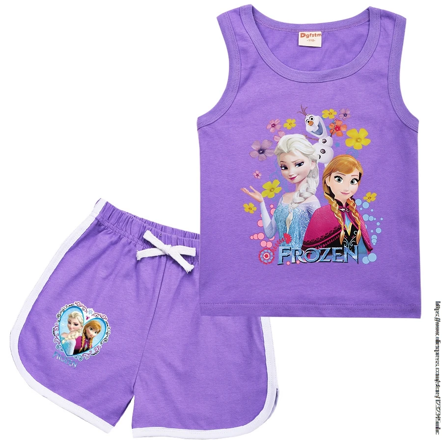 Hot Summer Frozen Kid Sport Clothes Set T-Shirt + Shorts 2pcs Child Vest Shorts Suit Sleeveless Girl Clothing Casual Suit