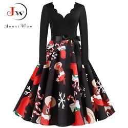 Black Big Swing Print Vintage Christmas Dress Women Winter Casual Long Sleeve V Neck Sexy New Year Party Dress S~3XL