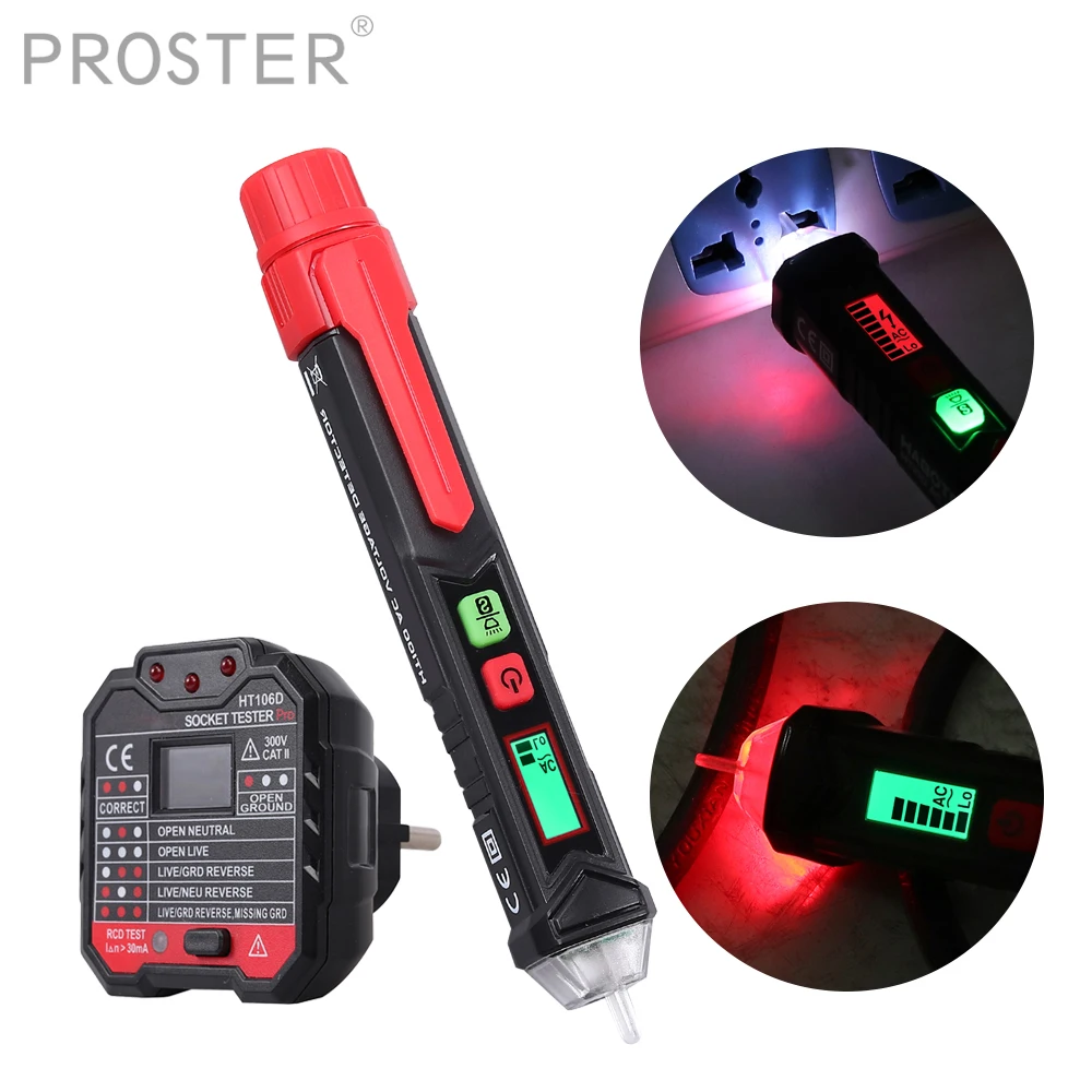 PROSTER AC Voltage Detector Electrical Tester Pen with Sound LED Light Alarm & EU Socket Tester Wall Power Outlet Measuring Kit