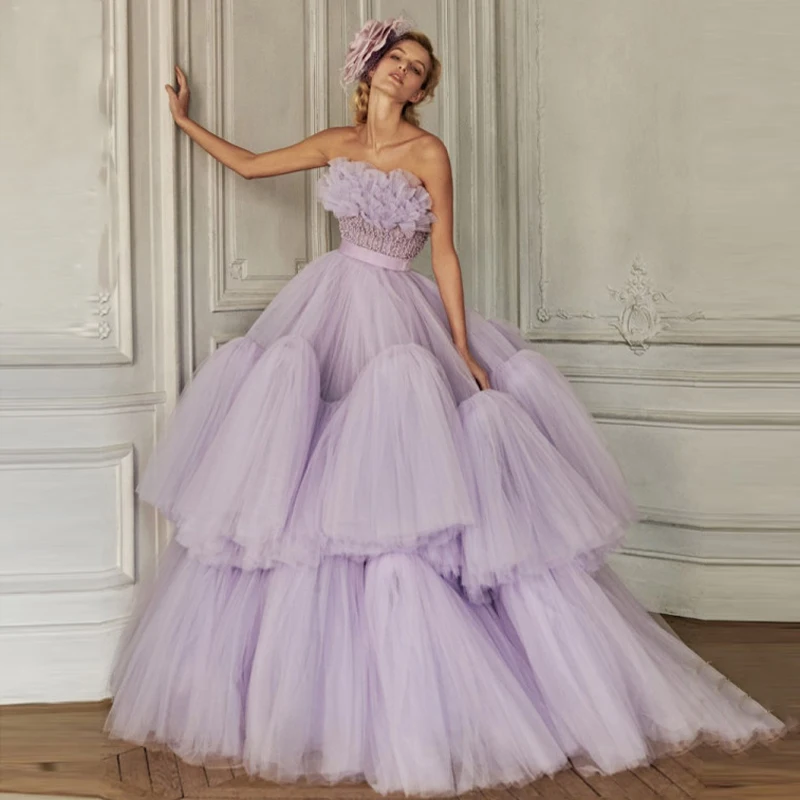 Extra Puffy Tulle Dress Lavender Ball Gown Prom Gowns 2020 Hot Sale Vestidos de fiesta de noche Fashion Women Party Dress Long