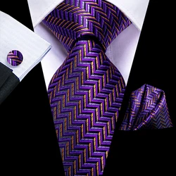 Hi-Tie Purple Gold Striped Silk Wedding Tie For Men Handky Cufflink Set Fashion Designer Gift Tie For Men Necktie Business Party