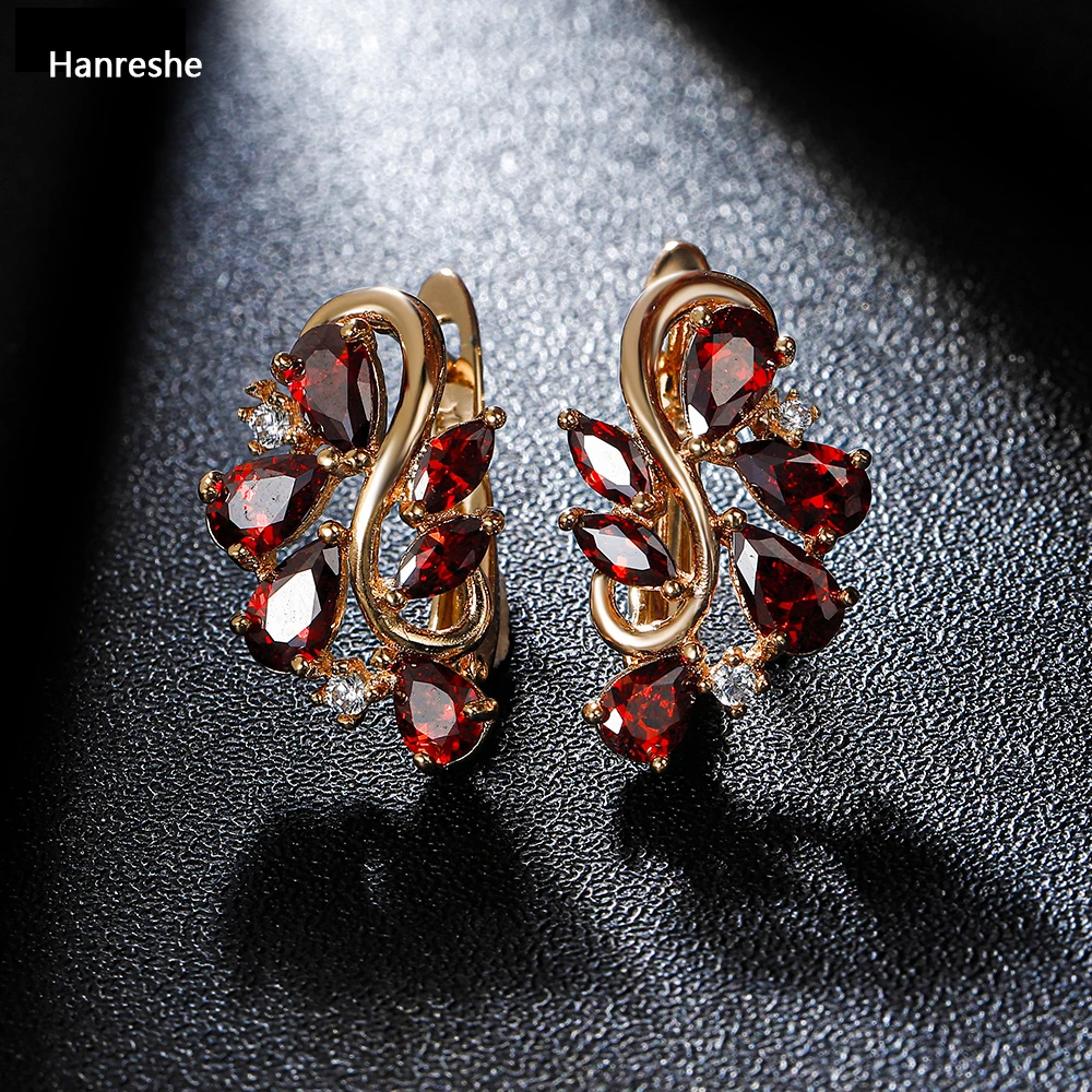Hanreshe Rose Gold Color Earring Crystal Earring Red AAA Cubic Zirconia Stud Earring Womens Girl Cute Romantic Wedding Jewelry