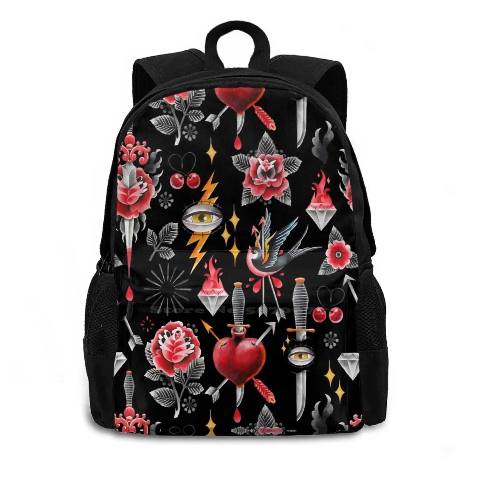 Old School Tattoo Flash Backpack For Student School Laptop Travel Bag Old School Tattoo Tattoo Flash Heart Dagger Swallow Edgy