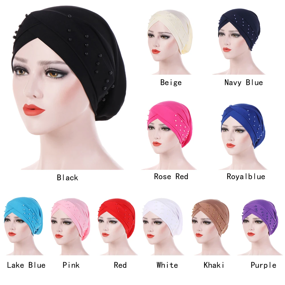 Women Elastic Turban Hat Muslim Hijab Islamic Beads Cancer Chemo Cap Ladies Hijab Stretch Head Wrap Head Scarf Inner Cap Fashion