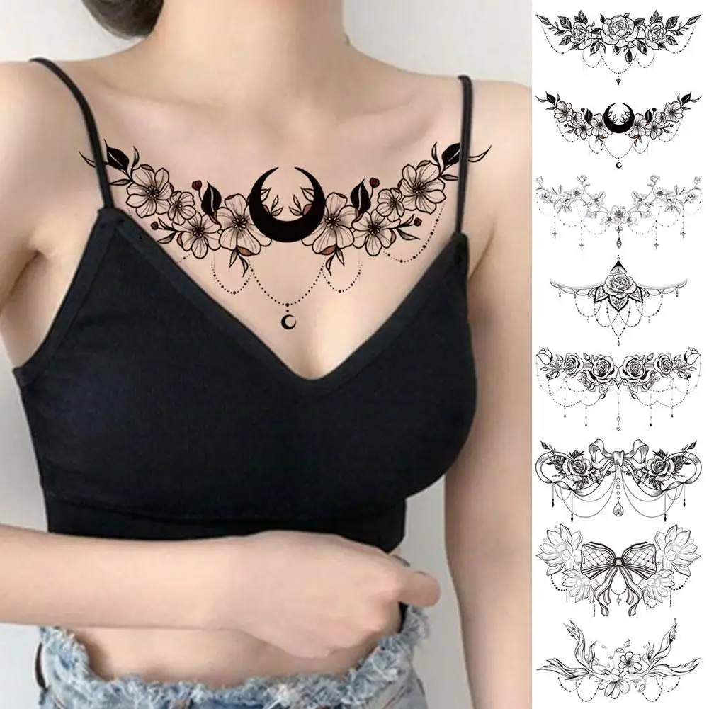 Tatouage Temporaire Sexy Sous la Poitrine pour Femme, Bijoux de Poitrine, Tatouages Imperméables, Modèle en Dentelle de Henné, Autocollants, H8A9
