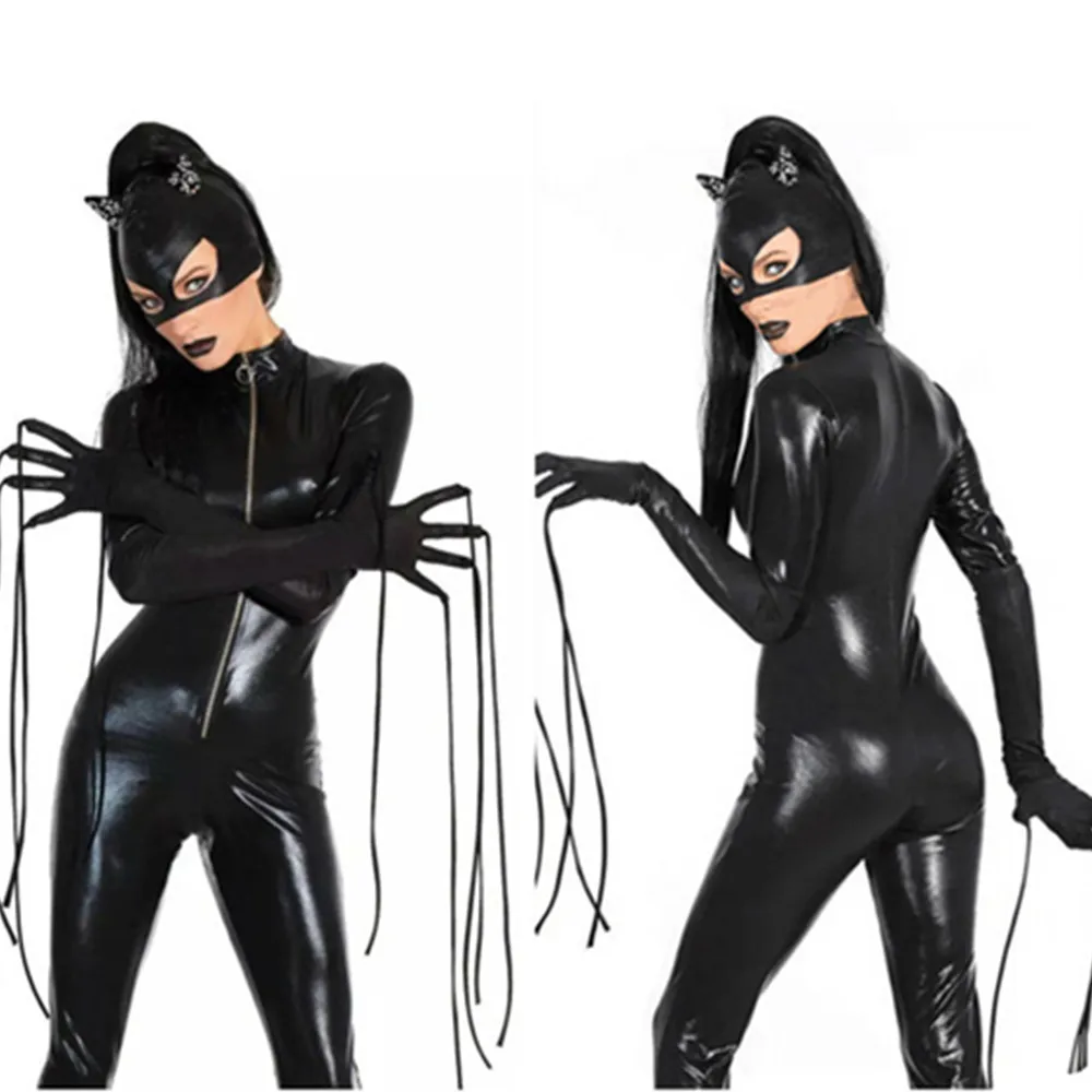 Wetlook Pu Lederen Jumpsuit Volwassen Kat Vrouwen Catsuit Masker + Handschoenen Cosplay Carnaval Halloween Toneelstuk Feestkostuums