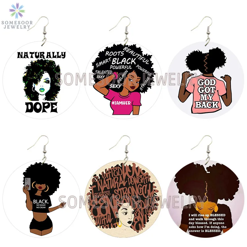 SOMESOOR Dope Naturally Afro Girl Wooden Drop Earrings Black Powerful Roots Sayings Printed Big Loops Dangle For Women Gifts