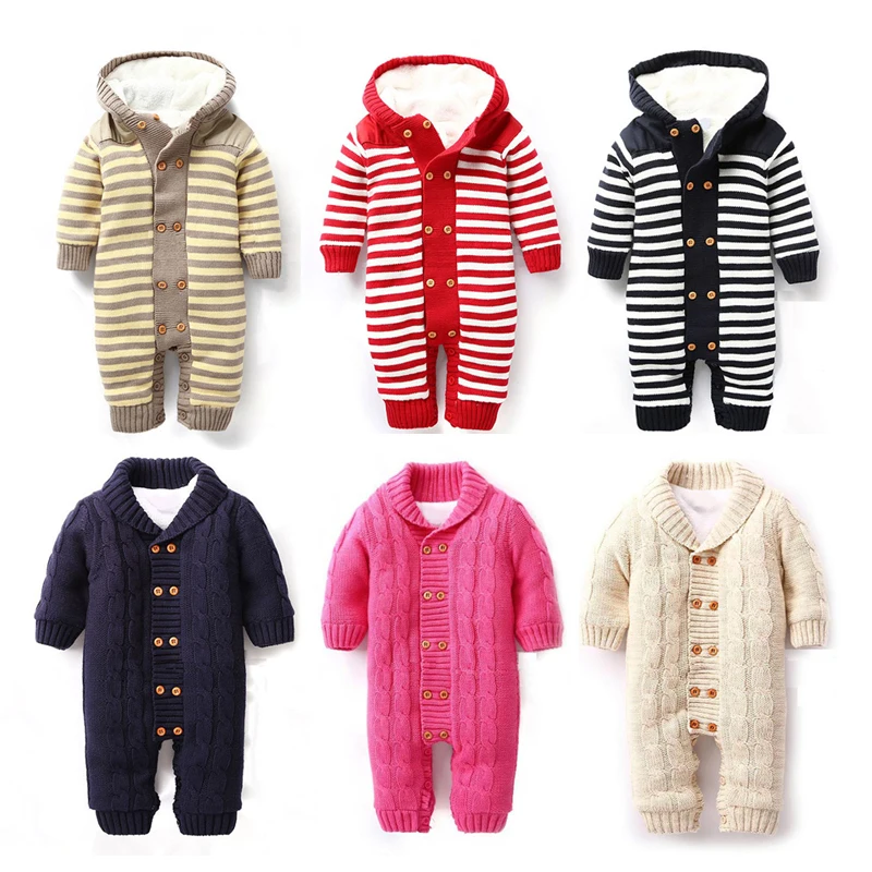 IYEAL Newborn Autumn Baby Rompers Thickened Winter Striped Hooded Knitted Sweater Warm Overalls Fleece Coat for Baby Girl Boy