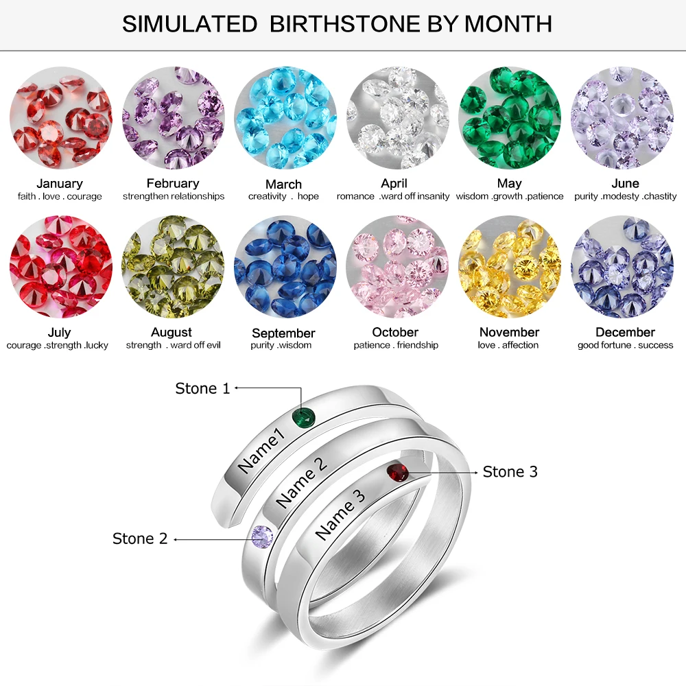 Personalized Family Gift Customized Mother Ring with 3 Birthstones Engraved Name Ring Female Fashion Jewelry (JewelOra RI103804)