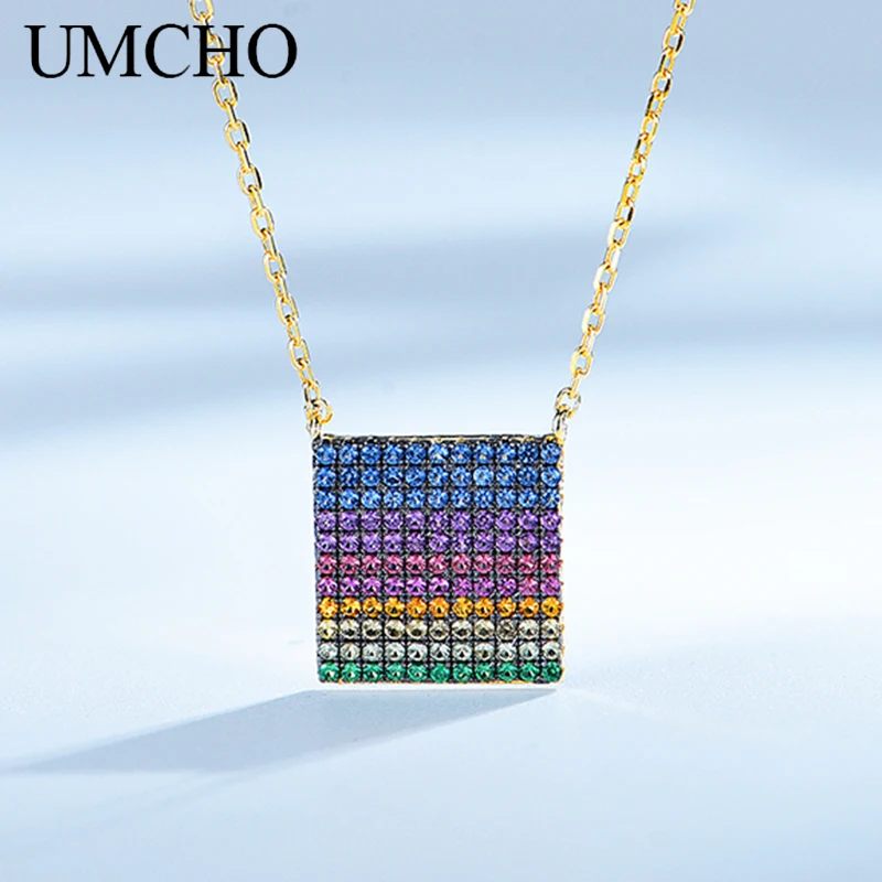 

UMCHO 2020 Fashion 925 Sterling Silver Jewelry Created Square Shape Necklace Wedding For Women Gift With Chain