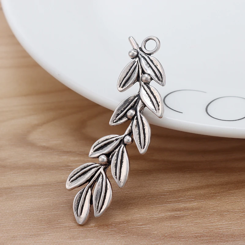 10 Pieces Tibetan Silver Branch Leaf Charms Pendants for DIY Necklace Jewellery Making Findings Accessories 52x14mm