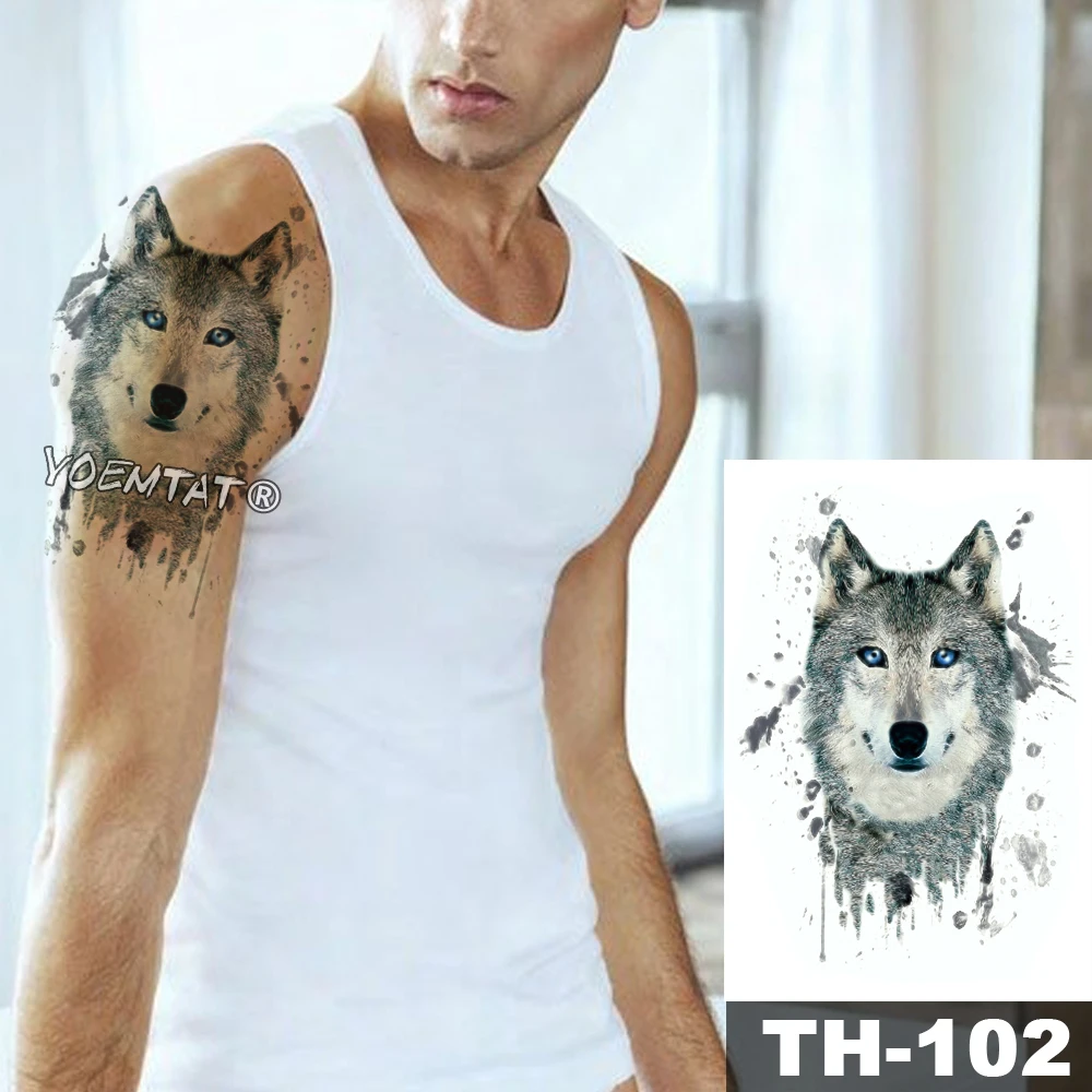 Waterproof Temporary Tattoo Sticker Blue Eyes Gray Cool Wolf Pattern Water Transfer Wild Animal Body Art Flash Fake Tatoo