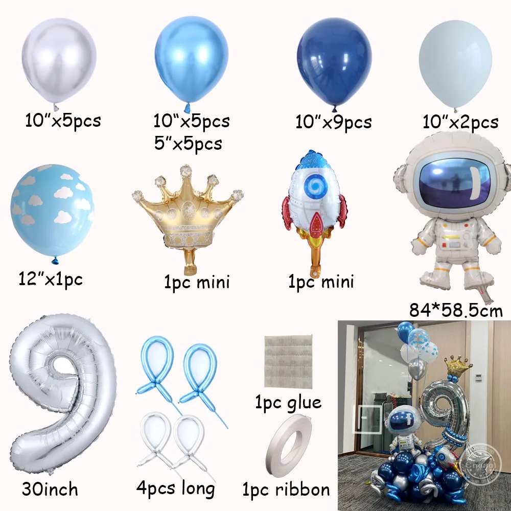 37pcs Outer Space Astronaut Rocket Balloon 30inch Number Foil Balloons Galaxy Themed Boys' Kids 1st Birthday Party Decor Supplie