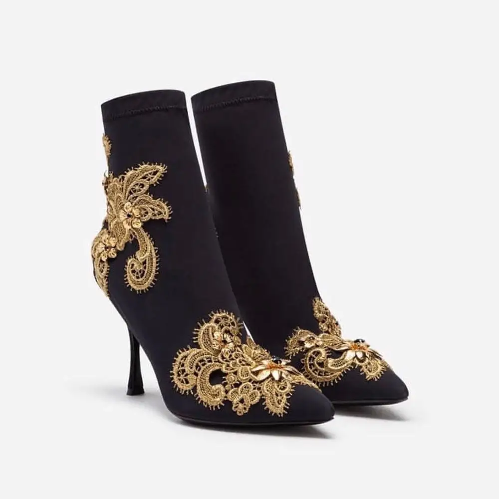 Botas Mujer Invierno 2021 Runway Fashion Gold Embroidered Stiletto Boot Blade High Heel Boots Black Sock Ankle Boots Woman