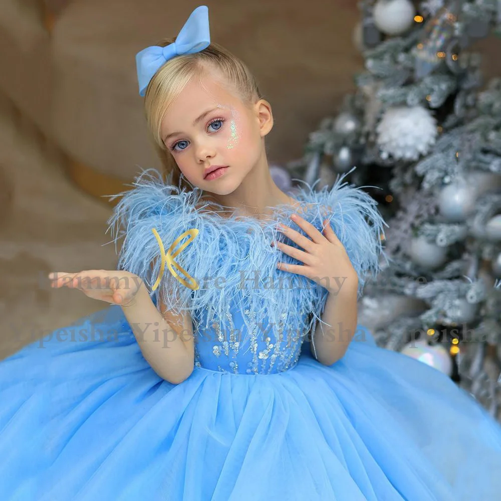 Vestido de flores azul cielo para niña, plumas personalizadas, cuentas, lentejuelas, vestidos de fiesta para niños, vestido de baile, desfile para Navidad