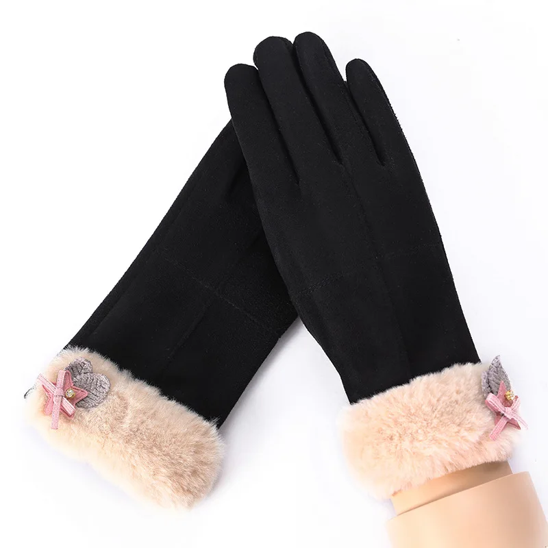 Autumn Winter Women Suede Fashion Flamingo Embroidery Thin Fleece Warm Gloves Soft Touch Screen Cycling Drive Mittens