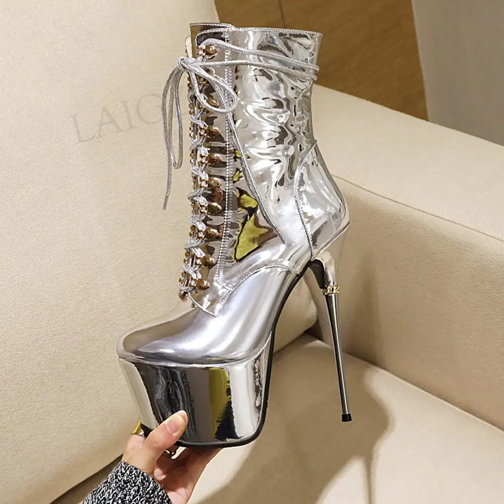 LAIGZEM SEXY Women Ankle Boots Platform Metal Stiletto Heels Side Zip Pole Dance Boots Party Shoes Woman Big Size 33 38 39 43
