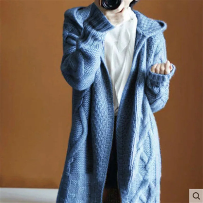 Autumn Winter New Women's Sweater Large Size Hooded Knit Cardigan Long Coat Ladies Long Sleeve Jacquard Cardigan Sweater Jacket