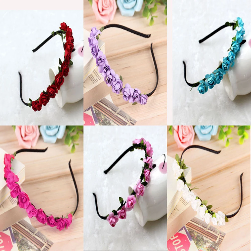 New Rose Flower Heads Boho Hair Garland Girl Beach Crown Hair Band Headband Wedding Hair Accessories Headwear for Girls Kids