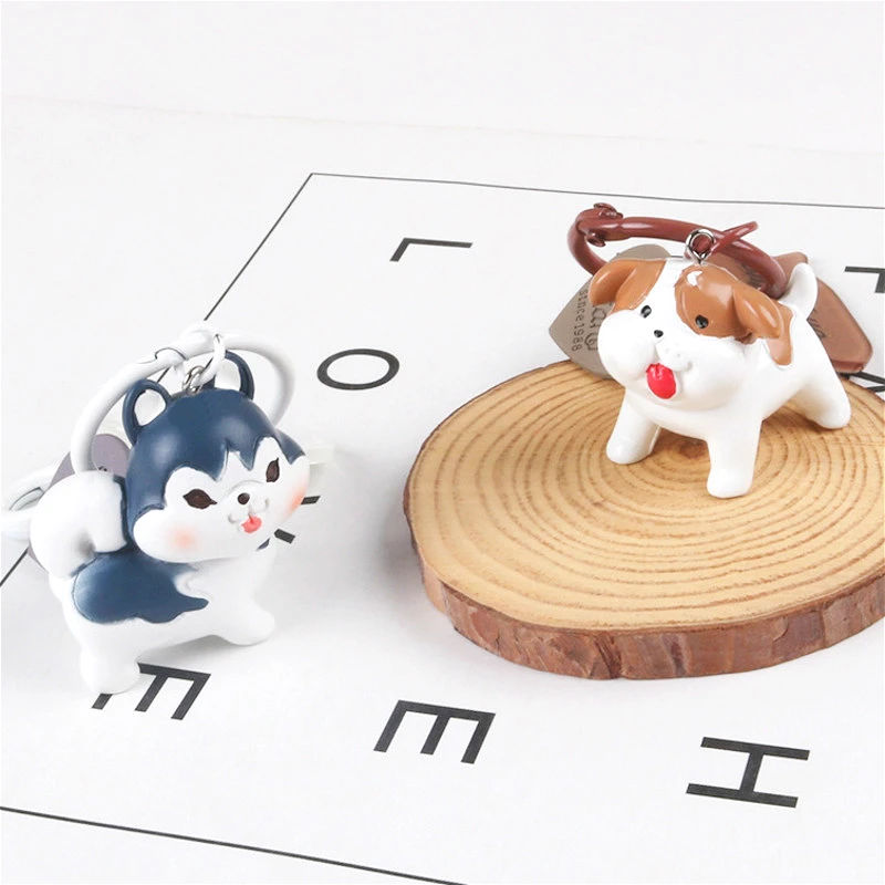 Cartoon Resin Puppy Keychain Blue Brown Dog Bell Trinket Girl Boy Couple Bag Keyring Wire Rope Accessory Gift