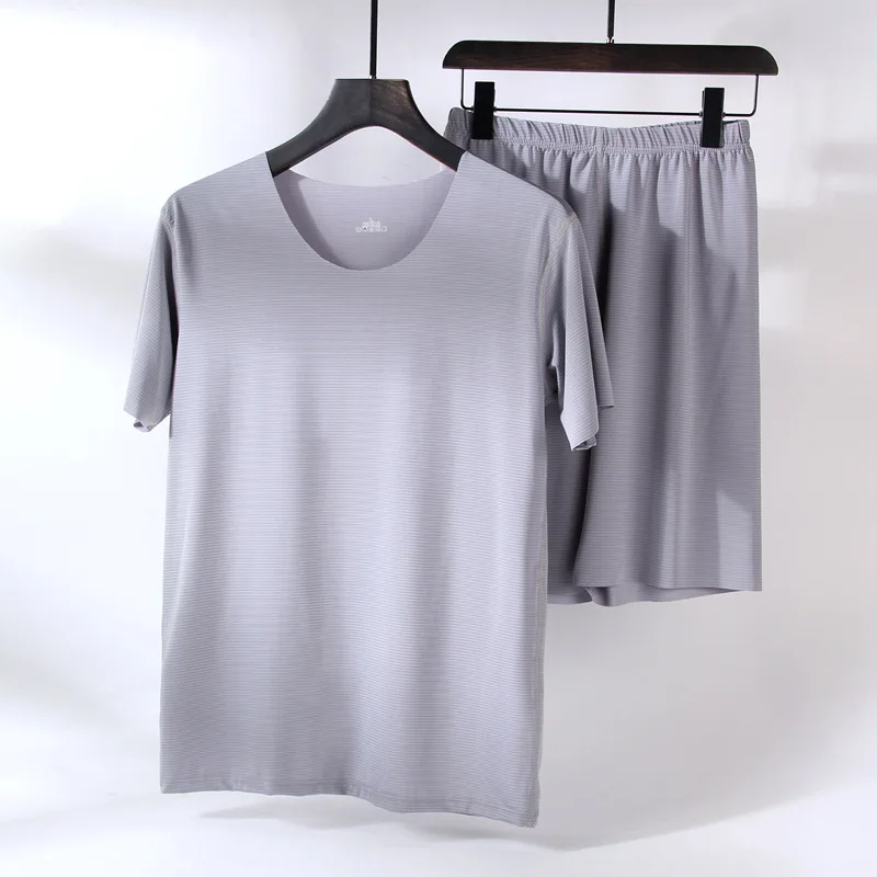 

Men's Homewear Ice Silk Solid Color Thin Shirt Two-Piece Set Pyjamas Short-Sleeved Shorts Casual Sportswear Large Size Pajamas