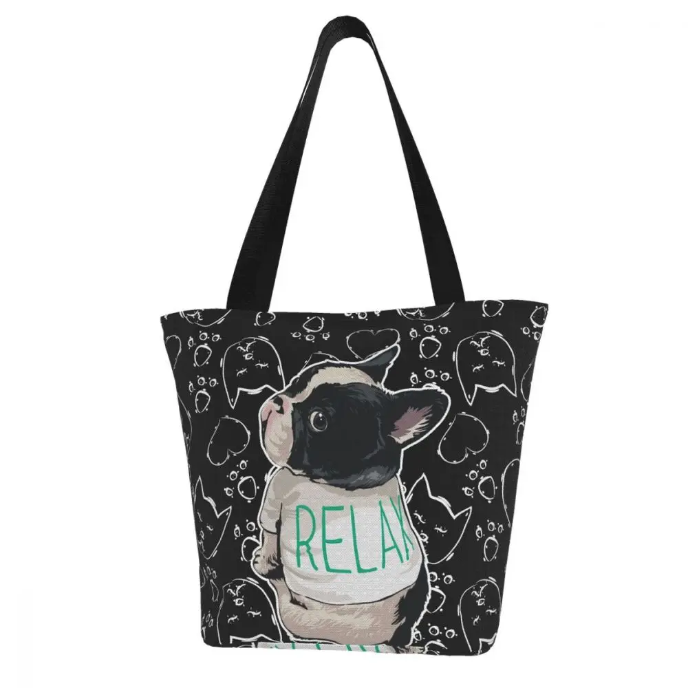 Französisch Bulldog Muster Damen Handtaschen Tuch Tote Tasche Schwarz Einkaufen Frauen Eco Reusable Schulter Shopper Taschen bolsas de tela