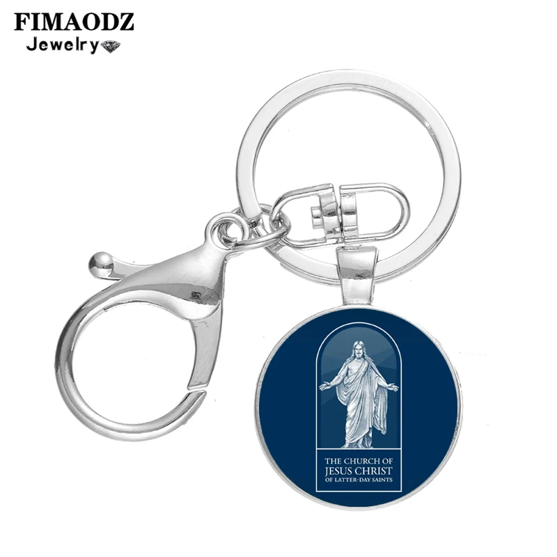 FIMAODZ Mormon Church LDS Keychain for Mormons Gift Glass Cabochon Pendant Lobster Clasp Key Chain Alloy Pendant Jesus Keyring