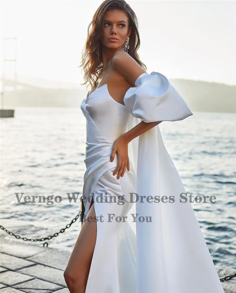 Verngo New Modern Silk Satin Mermaid Wedding Dresses With Removable Sleeves Long Cape Heart Shape Neck Pleats 2021 Bridal Gown