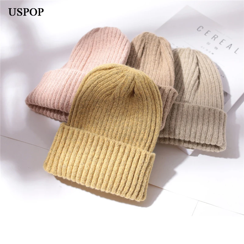 USPOP 2022 New Winter Women's Hat Kintted Skulles Cap Thick Warm Velvet Lining Hat for Couple
