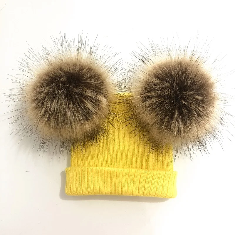 Crianças malha de pele do falso duplo pompom chapéu tampas de inverno para bebê menina criança crianças gorro