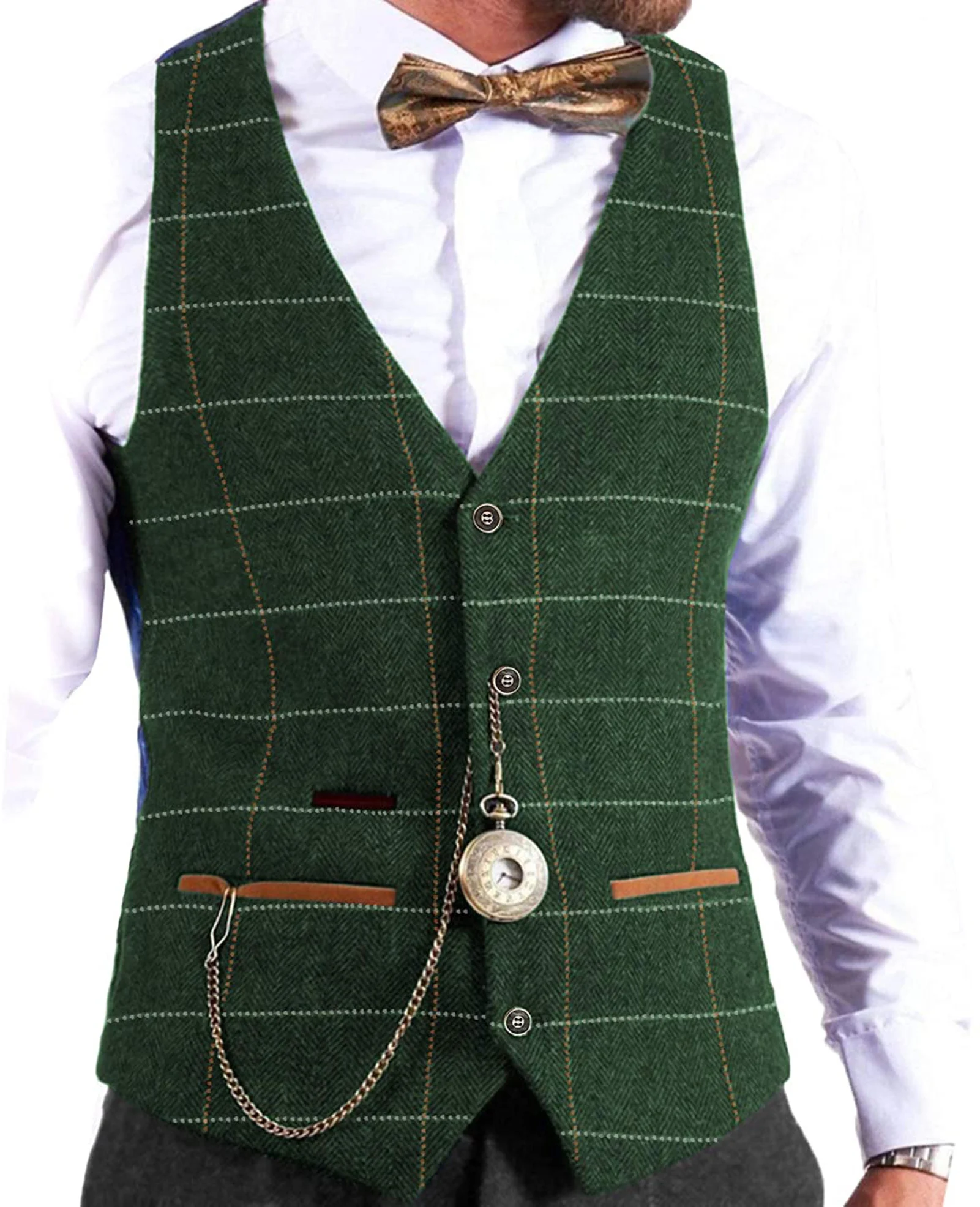 Vintage Men‘s vest Plaid wool Vest Tweed Waistcoat Wool Groomsmen Suits Vest For Wedding Plus Size Brown/Black/Teal/Green/Grey