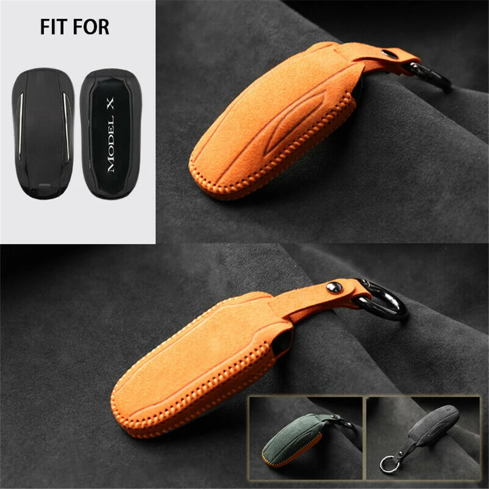 

Suede Leather Remote Start Car Key Case Cover Fob Keychain Shell Protector Holder Auto Accessories For Tesla Model X 2016-2019