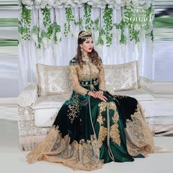 Green Moroccan Kaftan Caftan Muslim Evening Dresses A-line Long Sleeve Appliques Dubai Arabic Abaya Islamic Gown Customized