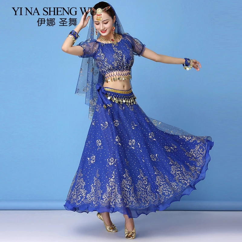 Bollywood Jurk Volwassen Kostuum Vrouwen Indiase Dans Set Buikdans Sari Kleding Dansvoorstelling Kleding Chiffon Rok Set Nieuwe