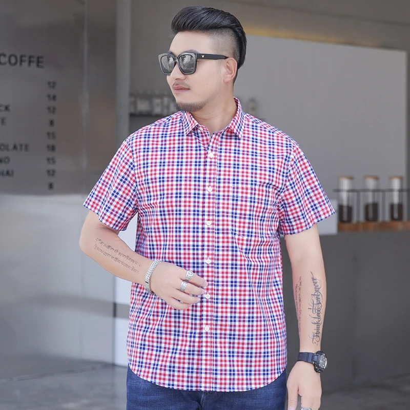 SHAN BAO Large Size Loose Cotton Short Sleeve Shirt 2022 Summer Classic Brand Men\'s Plaid Shirt Red Blue 5XL 6XL 7XL 8XL 10XL