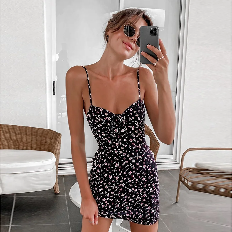 

Women Bohemian Floral Chiffon Short Dress Lady Summer Sexy V-Neck Sling Mini Dresses Woman Casual Sundress Outfits Clothes 2021