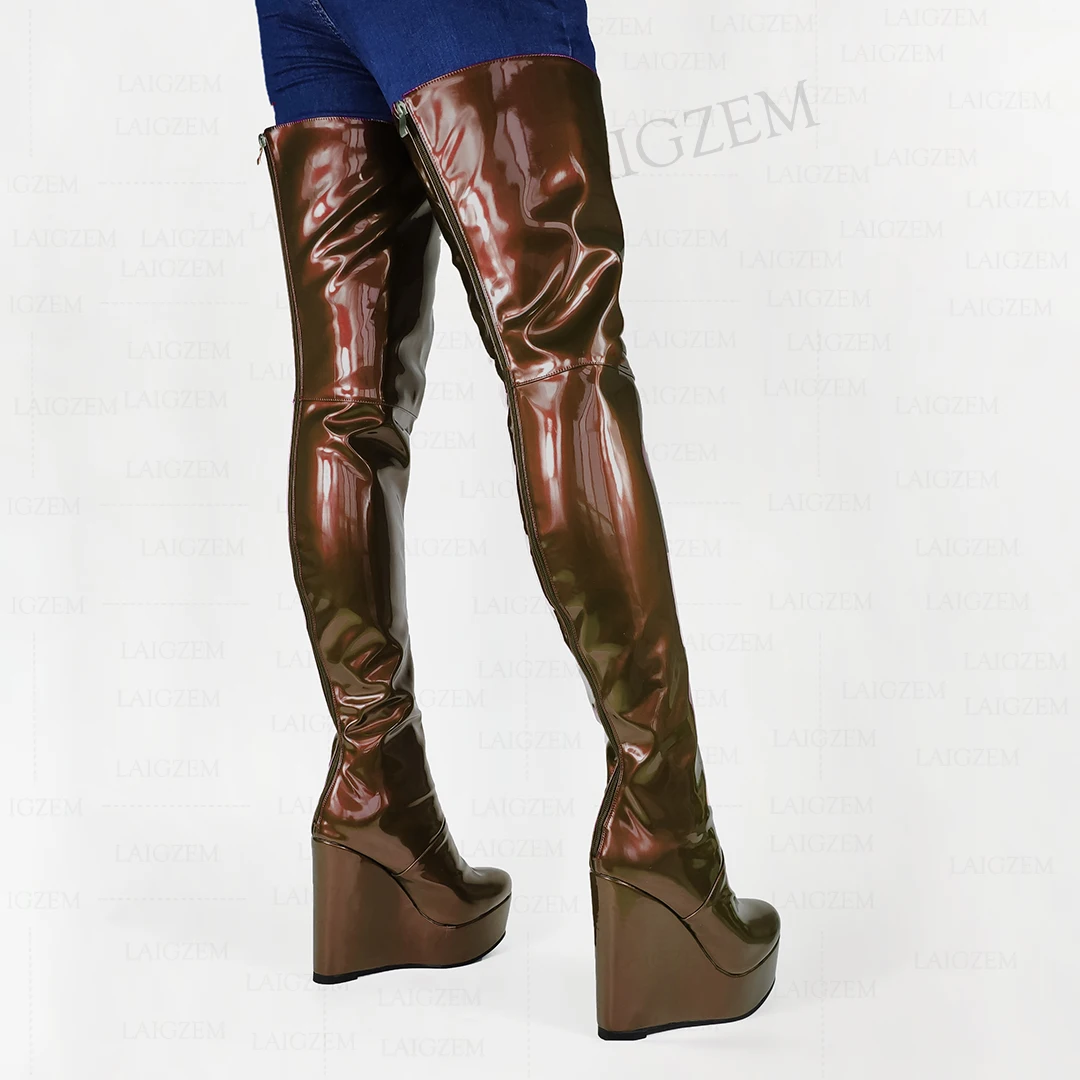 LAIGZEM SUPER Women Over Knee Boots Shiny Platform Wedges Thigh High Boots Unisex Zip Up Ladies Shoes Woman Big Size 42 45 50 52