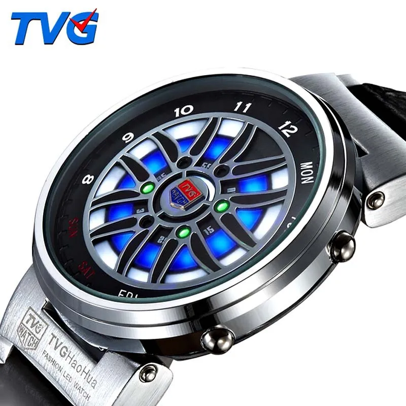 

TVG Men Watches Creative Design Car Wheel Led Disply Analog Digital Watches Men Sports Watches 30M Waterproof montre homme