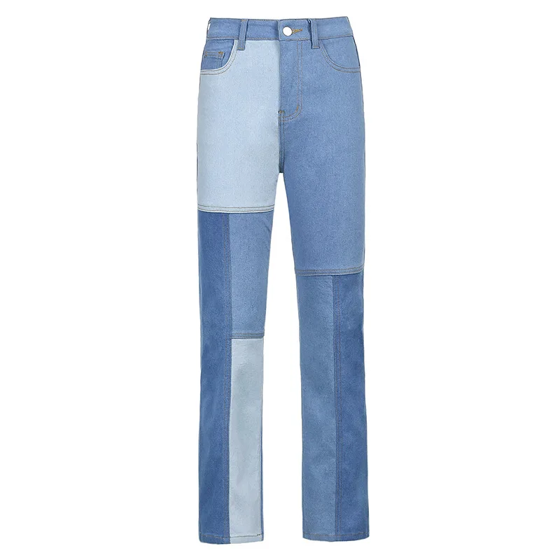 Asimmetria Patchwork Jeans donna primavera 2021 Casual Jeans larghi a vita alta dritti pantaloni donna Vintage blu Denim Pantalones