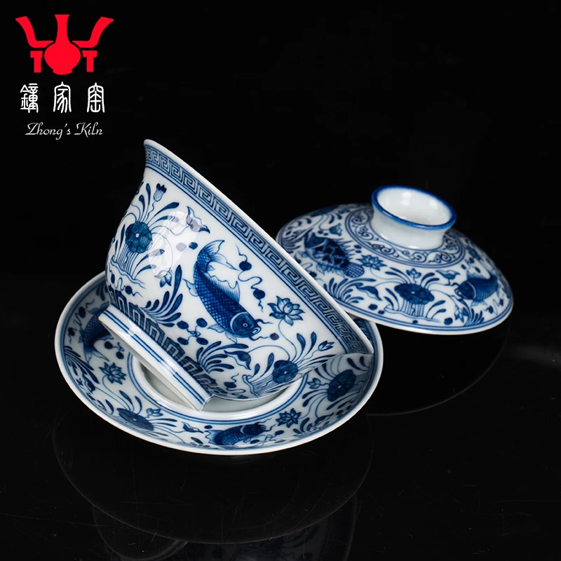 

|Jingdezhen hand painted blue and white Chai kiln Sancai bowl tea cup tea bowl covered bowl fish algae pattern tea