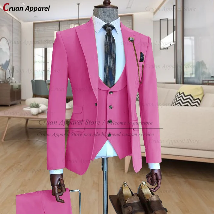 

Newest Fuchsia Wedding Dress Groom Tuxedo 3 Piece Custom Made Stylish Party Prom Male Suit Jacket Vest Pants Set Business Tuxedo