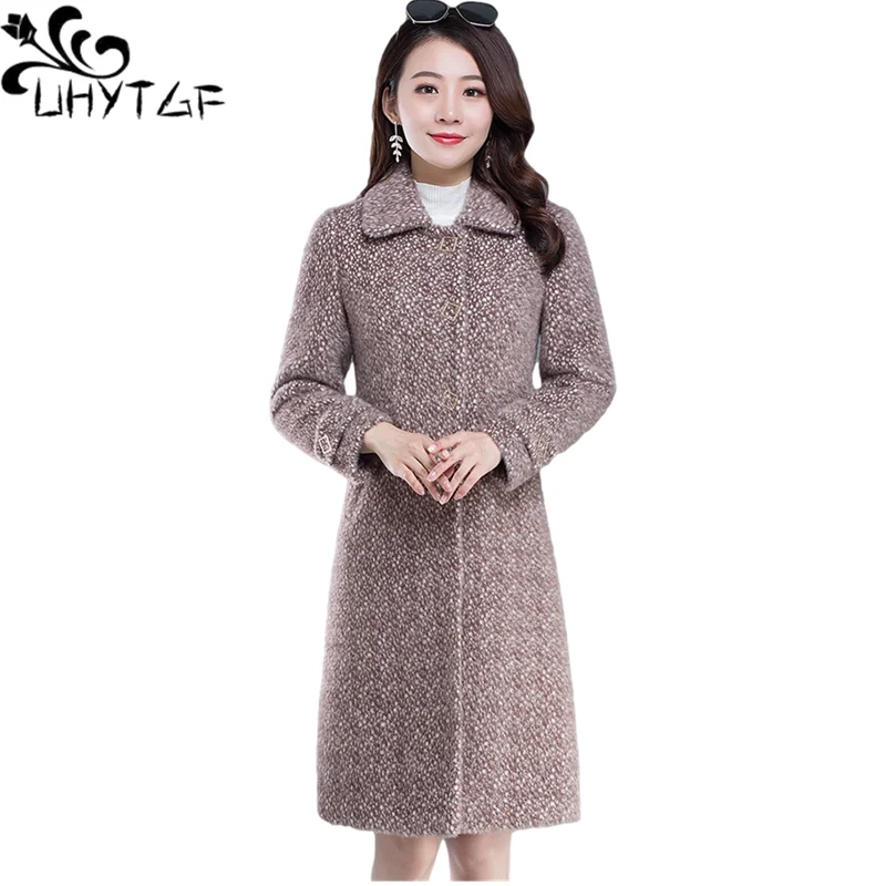 

UHYTGF Mid-Length Women Winter Woolen Coat Imitation Mink Fleece Casual Warm Jacket Lamb Cashmere Loose Big Size Outerwear 1933