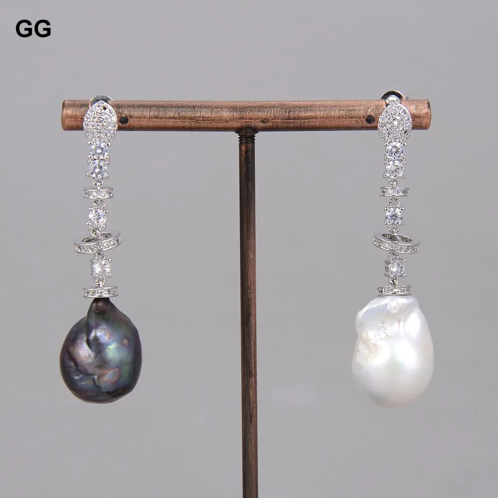 GuaiGuai Jewelry Natural White Black Keshi Baroque Pearl White Gold Plated CZ Paved Stud Dangle Earrings For Women