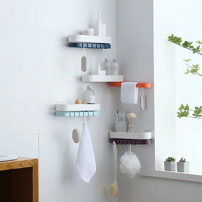 Double-layer Rotating Bathroom Shelves Storage Rack With Hooks, Wall Mounted Cosmetic Holder Towel Racks Kitchen Accessories