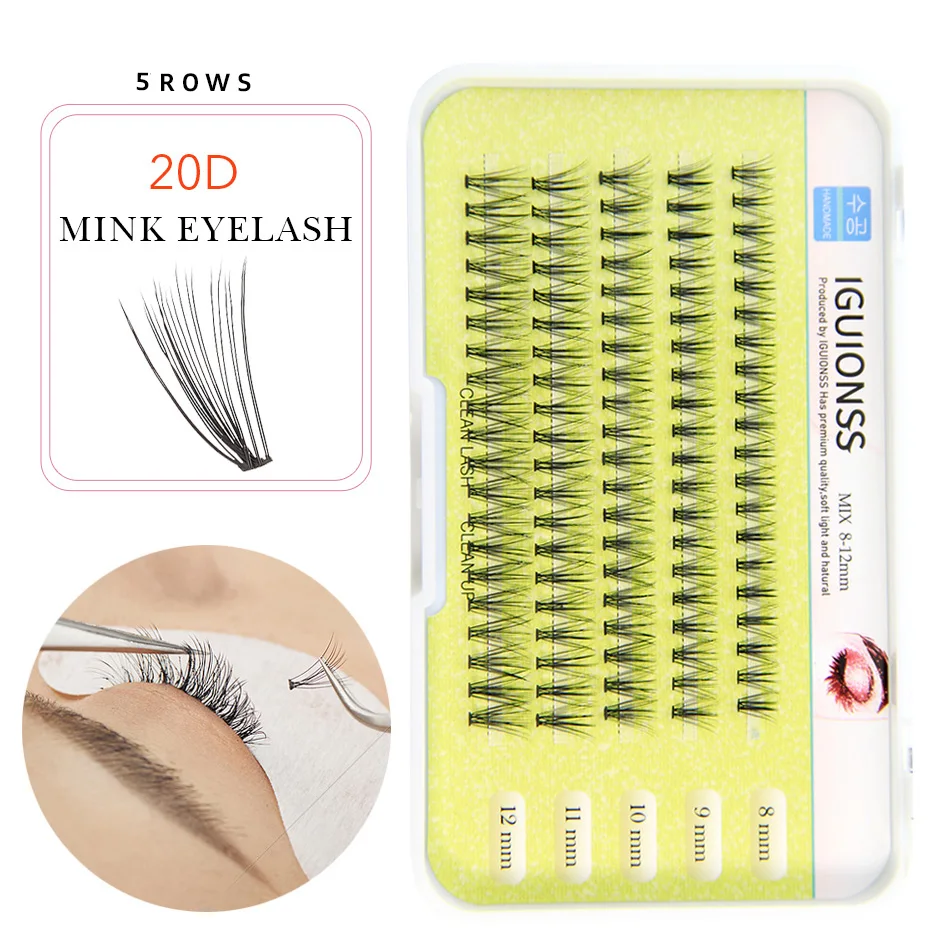 IGUIONSS 5 Rows Individual Lashes Cluster Eyelashes Design 8-12mm Mixed Pack C Curl 0.07mm Thickness Makeup Tools