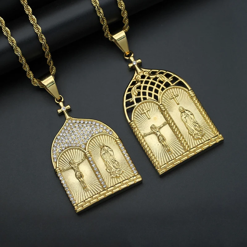 

Hip Hop Bling Iced Out Rhinestones Stainless Steel Church Virgin Mary Jesus Pendant Necklace for Men Rapper Jewelry