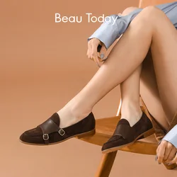 BeauToday Loafers Women Genuine Cow Leather Kid Suede Buckle Straps Round Toe Slip On Monks Ladies Flat Shoes Handmade 27224