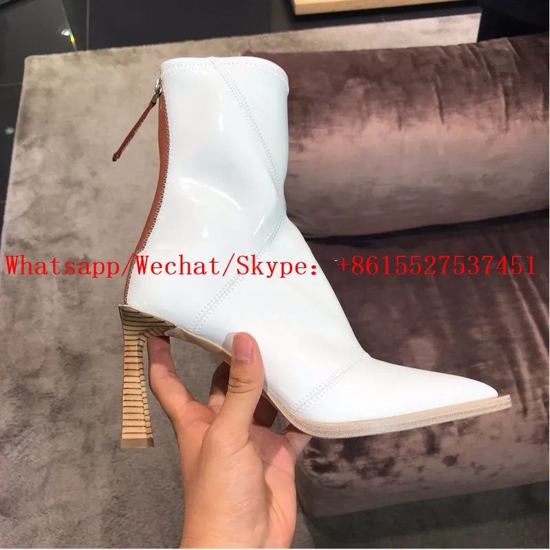 Seksowne szpiczaste czółenka damskie ze skóry lakierowanej Botas Mujer nowe markowe wysokie obcasy buty kobieta pompy Chaussures Femme kostki Botines